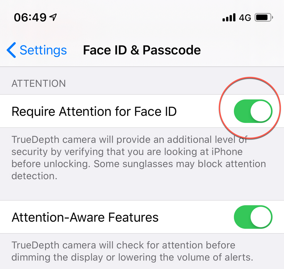 Require Attention for Face ID should be enabled