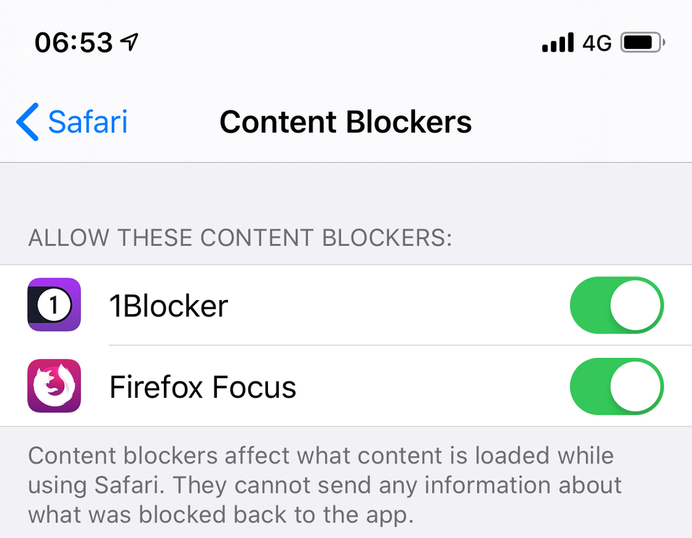 Firefox Focus & 1Blocker enabled in Safari